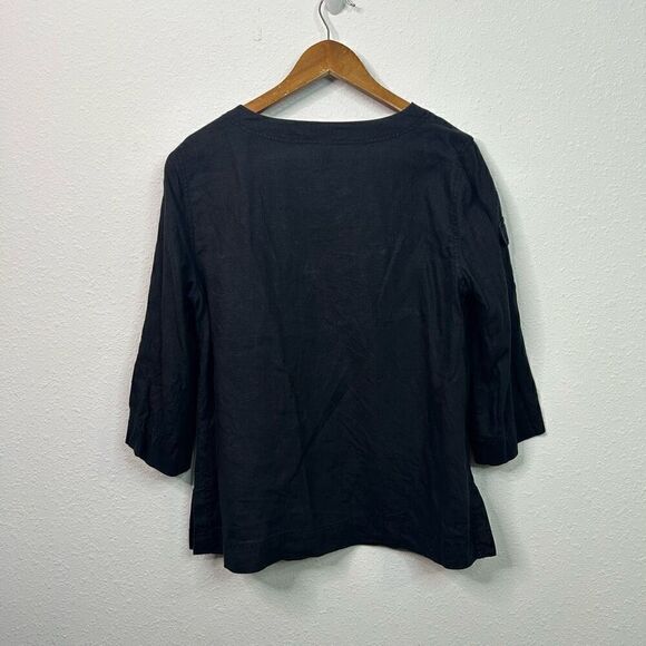 Lauren Ralph Lauren 100% Linen Tie Front Black 3/4 Roll Tab Sleeve Top Size L - Picture 7 of 11